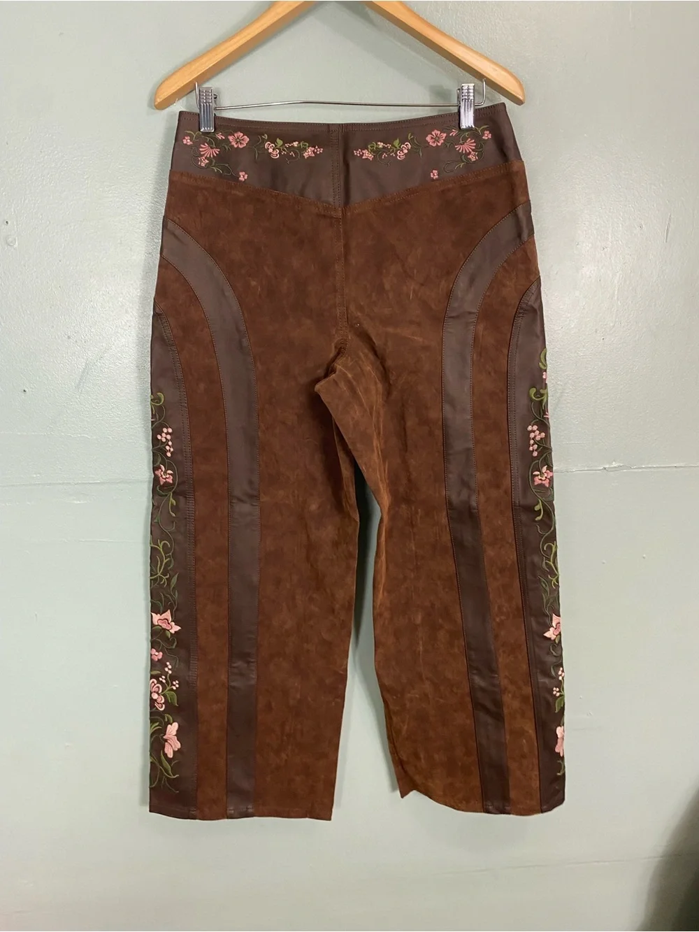 Free People We The Free Belle Embroidered Vegan Leather Brown Pants Floral Sz 10